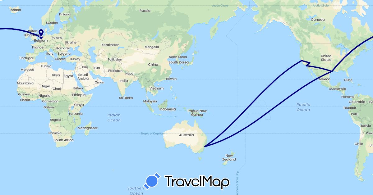TravelMap itinerary: driving in Australia, Netherlands, United States (Europe, North America, Oceania)